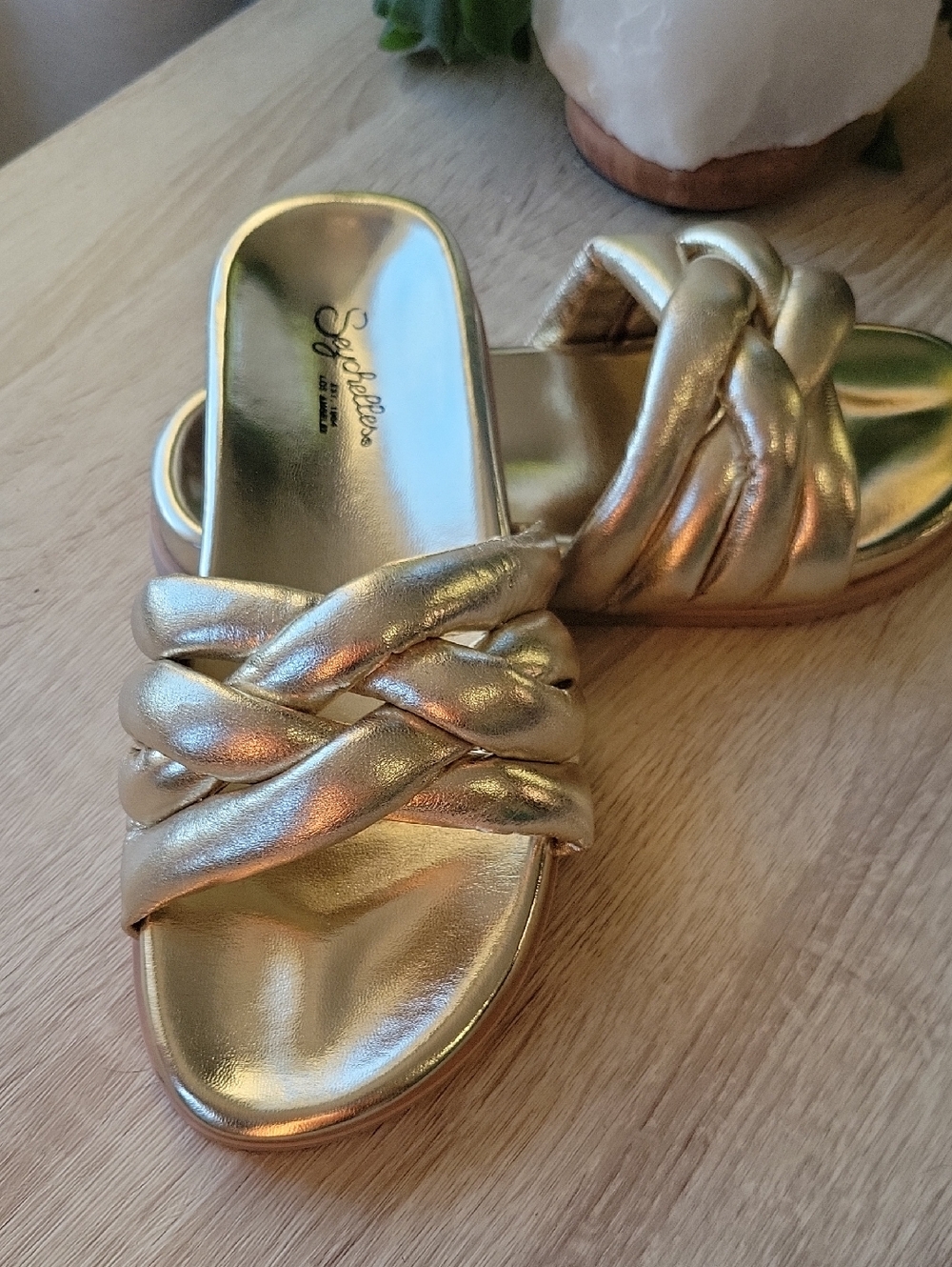 Seychelles Low Key Glow Up Metallic Gold Braided Slide Mules